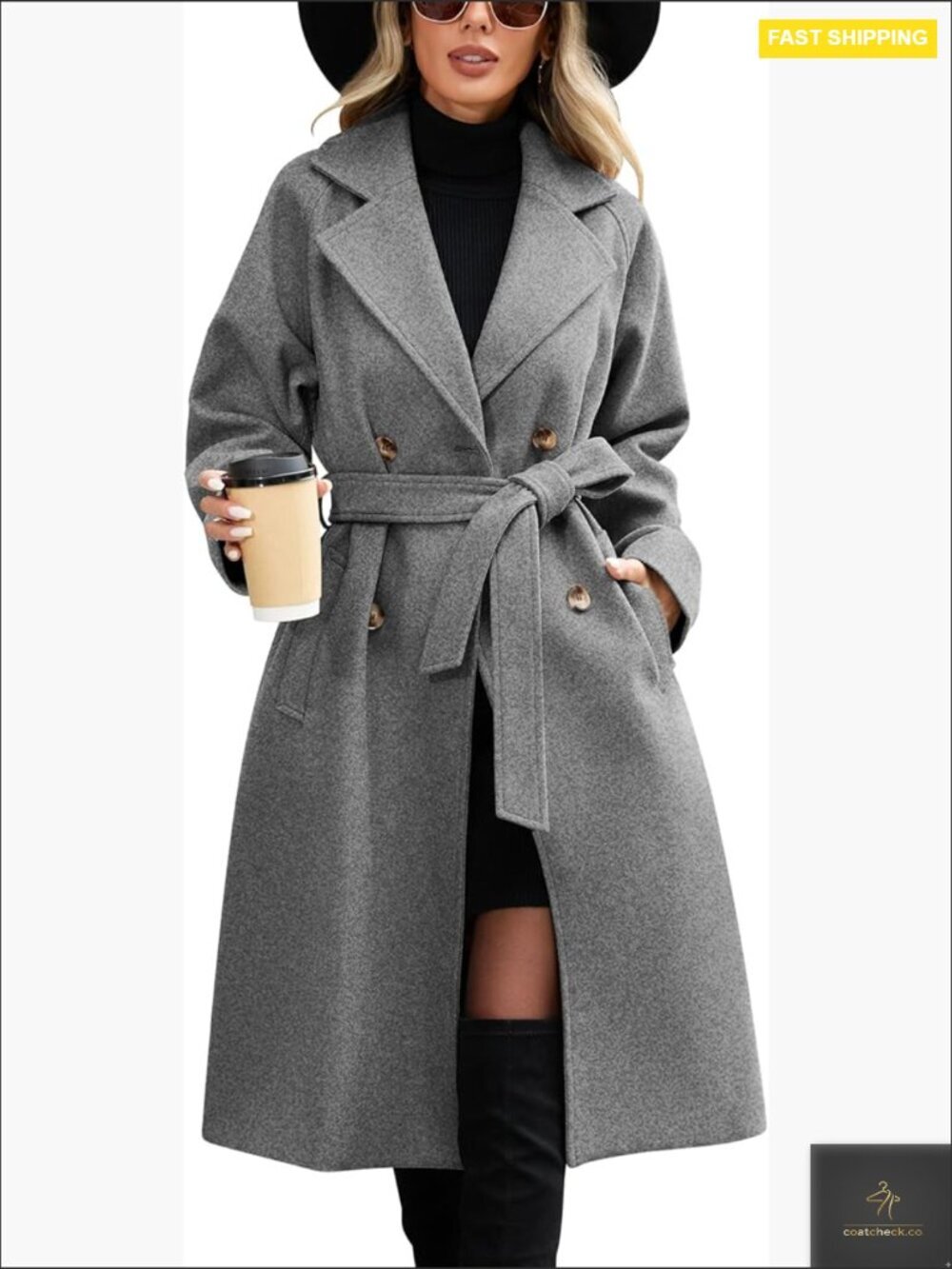 Elegant Double Breasted Pea Coat Classic Wool Blend Trench Belted Chic